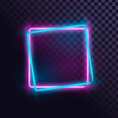 Two neon lamp squares pink and blue on transparent background, neon frame