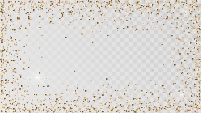 Poured golden confetti on a transparent background, a frame of gold confetti, decoration, rain of coins