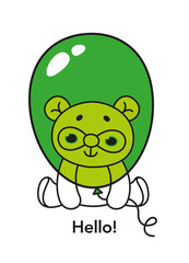 HELLO cute teddy bear with green balloon toy vector cartoon illustration.