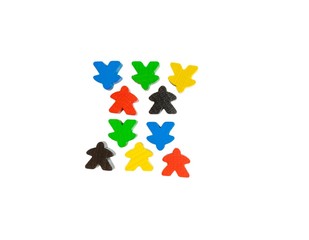 colorful meeples  isolated on white background. Small figures of man. Board games. Happiness and fun time passing.