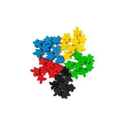 colorful meeples  isolated on white background. Small figures of man. Board games. Happiness and fun time passing.