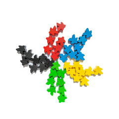 colorful meeples isoated on white background. Small figures of man. Board games. Happiness and fun time passing.