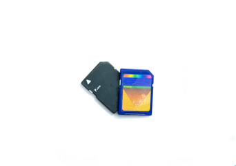 SD card for information in blue and black. Memory card on white background and in hand