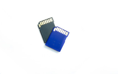 SD card for information in blue and black. Memory card on white background and in hand