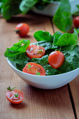 summer salad with tomatoes in white plate on wood table