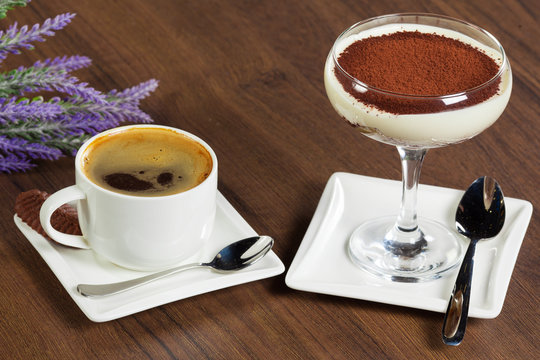 Coffee with chocolate dessert and lavender