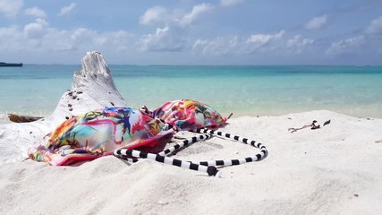 beachwear and perfect topical sandy beach background, bikini top on white sand on Pulau Kapas, Malaysia