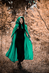 Naklejka premium Woman in gothic style wear green carnival cloak, concept of simple Halloween ideas 