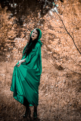 Naklejka premium Woman in gothic style wear green carnival cloak, concept of simple Halloween ideas 