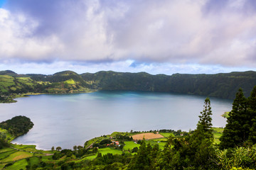 Beautiful landscape sceneries in Azores Portugal. Tropical nature in Sao Miguel Island, Azores. 