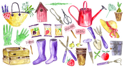 summer icons set, gardening tools, planting time, permaculture. Watercolor illustration for books, greeting cards and package design.