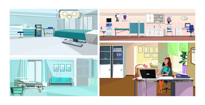 Modern hospital interior vector illustration set