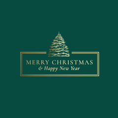 Merry Christmas and Happy New Year Abstract Vector Classy Frame Label, Sign or Card Template. Hand Drawn Pine Tree under Snow Sketch Illustration with Vintage Typography. Premium Green Background