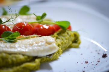 grilled fish with green peas puree