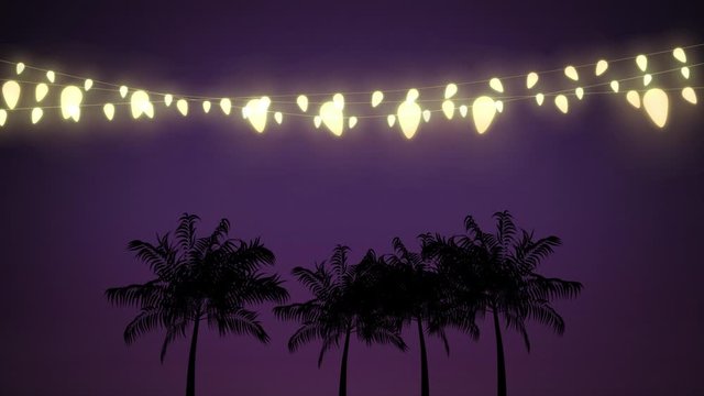 Glowing string of fairy lights with palm trees