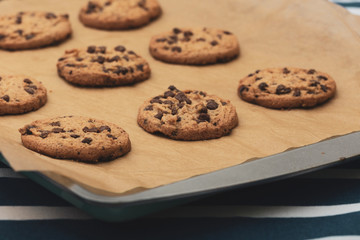 Homemade chocolate cookies on baking paper and baking tray.