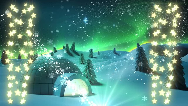 Winter scenery and strings of fairy lights on red background