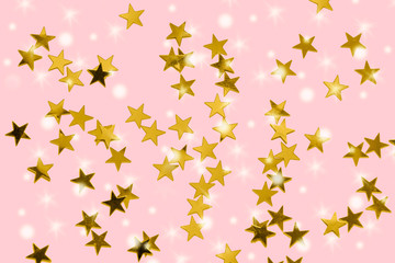 Obraz na płótnie Canvas Golden star confetti on pastel pink background with glitter and sparkle effect - Christmas festive backdrop