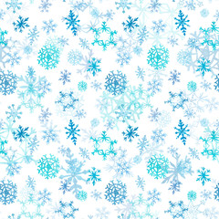 Watercolor winter snowy background with snowflakes. Seamless pattern with hand painted falling snow on white backdrop. Holiday design for Christmas and New Years design.