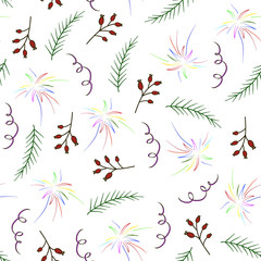 Christmas seamless pattern with salute, berries and spruce branches. Holiday background for New Year, Christmas and holidays.