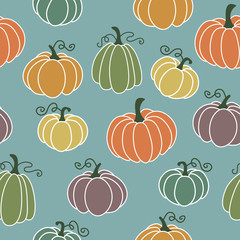 Pumpkin seamless pattern with hand drawn various fairytale pumpkins in pastel colors. Vector illustration in flat design. Halloween background for autumnal seasonal design, print or wrapping paper