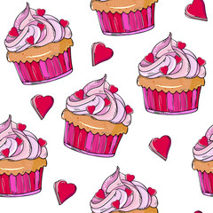 seamless pattern with hearts and cupcakes. Festive background for Valentine's Day, February 14th. Hand drawing. For menus, banners, cards, invitations, textiles.
