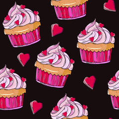 seamless pattern with hearts and cupcakes. Festive background for Valentine's Day, February 14th. Hand drawing. For menus, banners, cards, invitations, textiles.