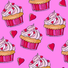 seamless pattern with hearts and cupcakes. Festive background for Valentine's Day, February 14th. Hand drawing. For menus, banners, cards, invitations, textiles.
