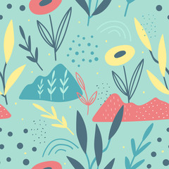 Hand drawn floral and leaves seamless pattern for print, fabric, textile. Kids decoration background.