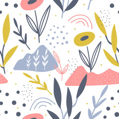 Hand drawn floral and leaves seamless pattern for print, fabric, textile. Kids decoration background.