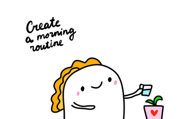 Create a morning routine hand drawn vector illustration in cartoon comic style