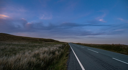 Road through green landscapes in the sunset