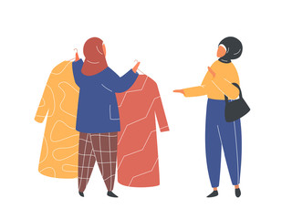 Muslim Woman in hijab shopping in clothes store. Flat design vector.