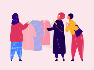 Muslim Woman in hijab shopping in clothes store. Flat design vector.