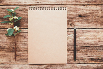 Vintage blank notepad. Writer workplace. Mistletoe decor pen on rustic wooden background.