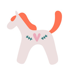 Wooden folk horse toy, decoration for christmas seasonal celebration. Scandinavian symbol. Cute hand drawn illustration isolated. Swedish dala horse.