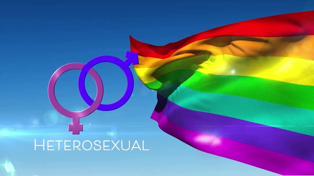 Joined male and female gender with rainbow flag on blue sky