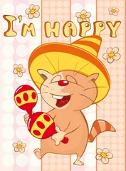Foto op Plexiglas Gelukkige verjaardagskaart Cute Cartoon karakter kat. Vector wenskaart. Gelukkig moment. gefeliciteerd © liusa