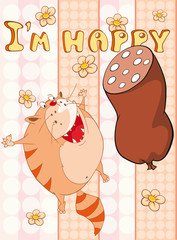 Happy Birthday Card Cute Cartoon Character Cat . Vector Greeting Card. Happy Moment. Congratulation