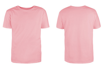 Men's pink blank T-shirt template,from two sides, natural shape on invisible mannequin, for your...