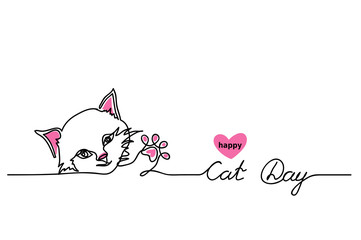 Happy Cat Day vector background, banner, signboard. One continuous line drawing contour, outline with lettering Cat Day.