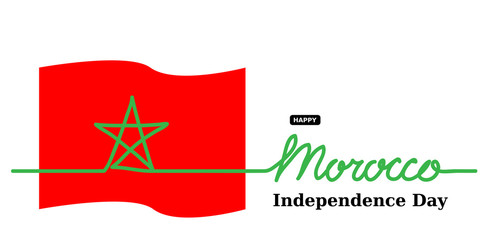 Morocco Independence Day vector banner, background. One continuous line drawing and lettering. Moroccan vector flag,banner, oster, background.