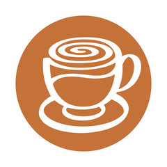 Cup of coffee or tea icon. Vector stock illustration with stylized cup of cappuccino for logotype. Design template for sticker, badge, sign, label, print, poster, package