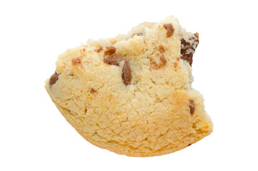Broken cookie, piece with chocolate chips on the white background. Isolated object for advertising, packaging, design.