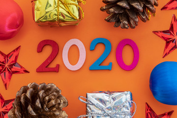 Creative Composition Useful for New Year Greeting Card Created Using Two Gift Boxes, Two Decorative...