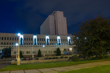 Beautiful building of the Pushkin library in Omsk at night