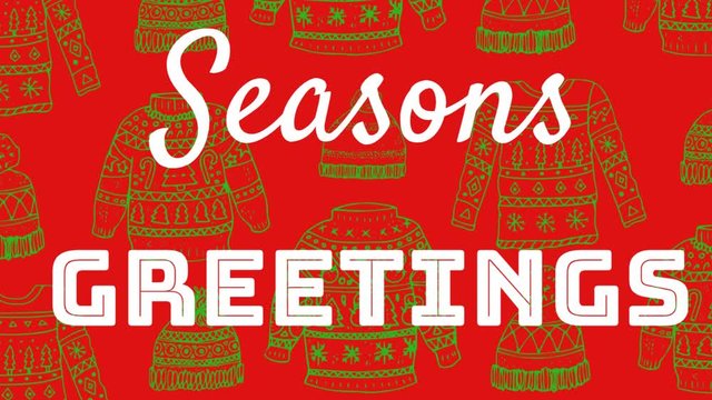 Seasons Greetings written over jumpers and hats