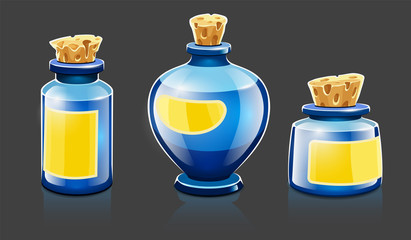 Cartoon bottles with natural organic cosmetic aroma liquids, perfume and beauty balsam with labels closed with corks. Isolated on gray background. Eps10 vector illustration.