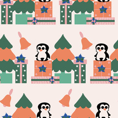 Winter seamless pattern with pine tree, gifts and cute pinguin