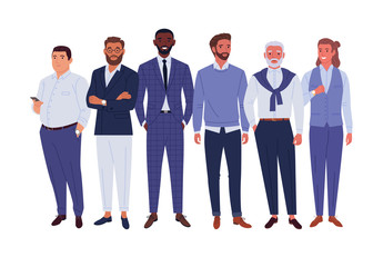 Obraz premium Businessmen team. Vector illustration of diverse standing cartoon men in office outfits. Isolated on white.